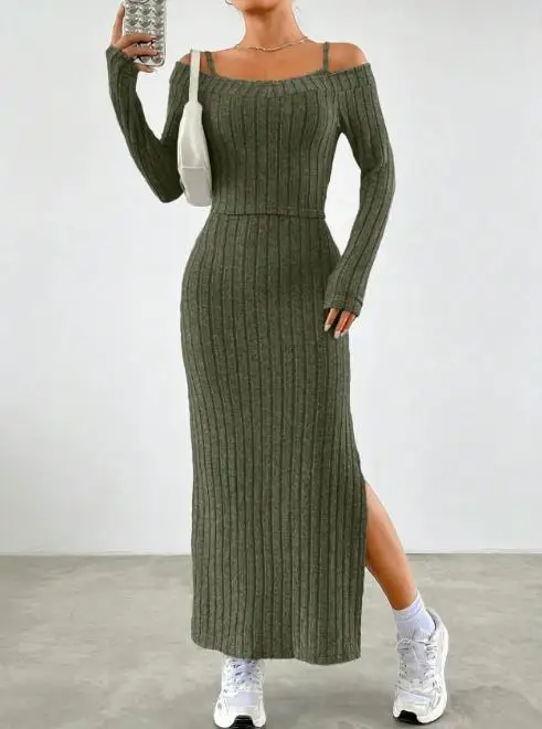 

Women's 2-Piece Set Spring New Solid Color Simple Round Neck Long Sleeve T-Shirt High Waist Pit Strip Knitted Strap Dress Set