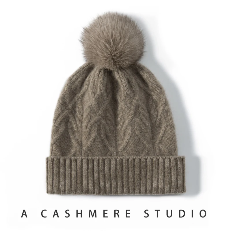 Women Cashmere Hat Autumn Winter Detachable Ball Hat Flanging Beanies Pompom Cap 100% Cashmere Knit Warm Twist Flower Retro Hat