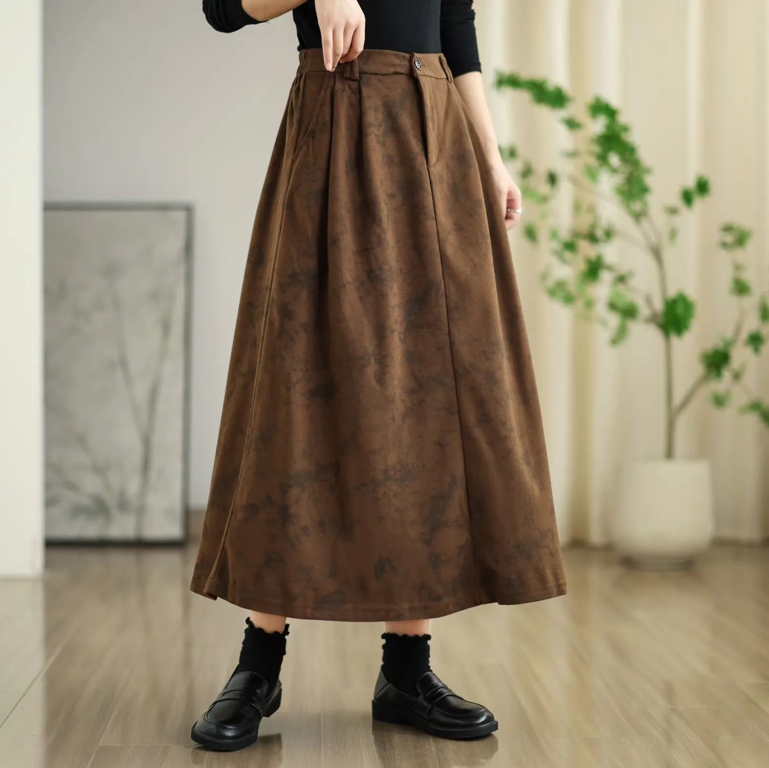 Japońskie Vintage Mori Girl Tie Dye Eleganckie Bawełniane Spódnice Damskie Jesienne Nowe Elastyczne w Pasie Luźne Retro Spódnice Midi w Kształcie Litery A