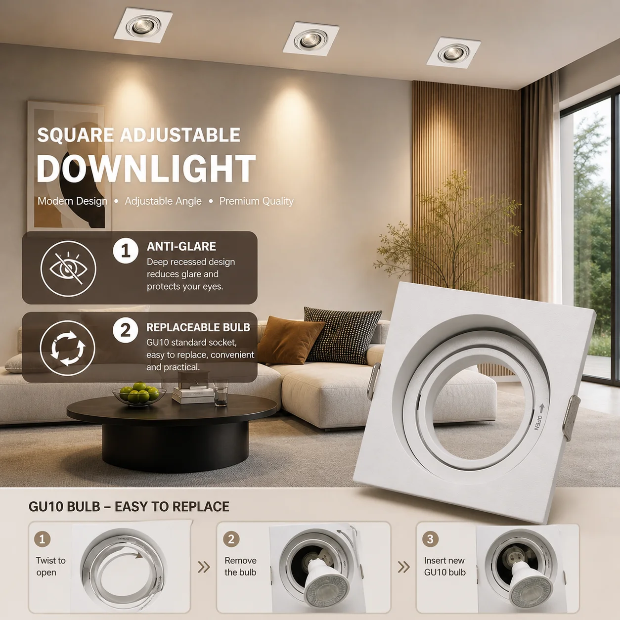 75×75mm Square Cutout GU10 MR16 GU5.3 Recessed Spotlight Housing Aluminum Anti-Glare Downlight Frame for Modern Lighting