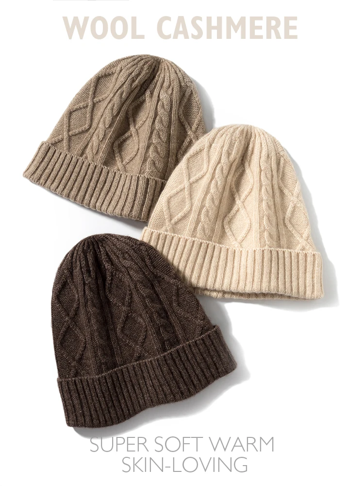 Winter Cable Cashmere 35% Beanie Caps Thick Knit Hat Ribs Warm Women Soft Wool Autumn Skullies Real Pushmina Guaranteed