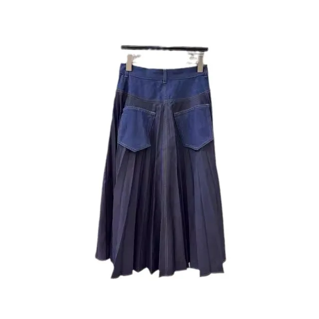 Small minimalist style pleated wash denim design strong A line big swing thin skirt skirt