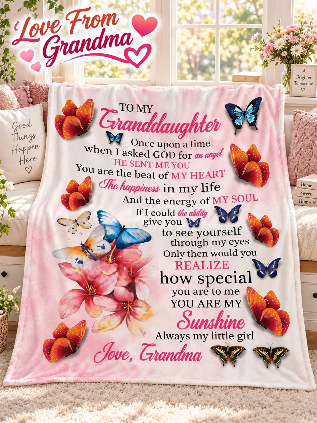 Granddaughter Butterfly Flower Flannel Blankets & Throws Gift From Grandma Butterflies Flowers Loving Message Sofa Bed Throw Home Decor Birthday Christmas Thanksgiving Anniversary Graduation Travel Nap Blanket Cozy Warm Lightweight Living Room