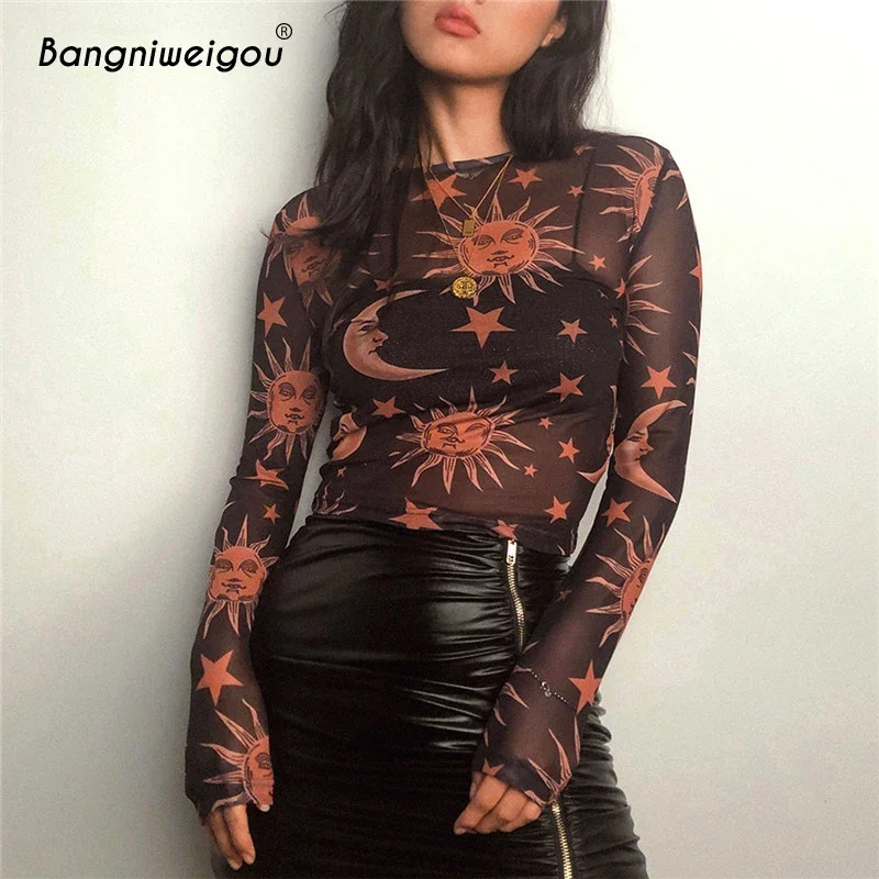 Bangniweigou Sun Moon Mesh Top Women Crop Top Long Sleeve 90s Harajuku Perspective T Shirt Vintage Preppy School Short Sheer Top