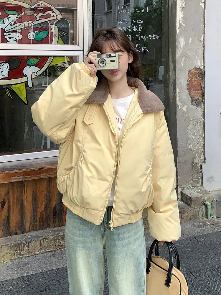 Winter Warm Plush Collar Jacket Y2K Loose Thick Preppy Puffer Crop Parka Korean Sweet Patchwork Solid Zipper Short Coats New