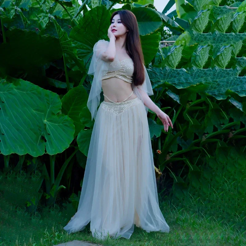 Costume de danse du ventre luxueux pour femmes, haut à manches évasées + jupe longue, 2 pièces, vêtements d'entraînement professionnel Oriental pour adultes