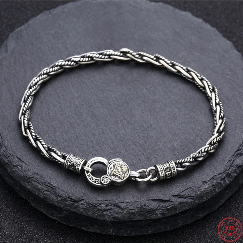 Genuine S925 Sterling Silver Bracelets for Women Men New Fashion Vajra Pestle The Six Syllable Mantra Weaven Rope-chain Jewelry