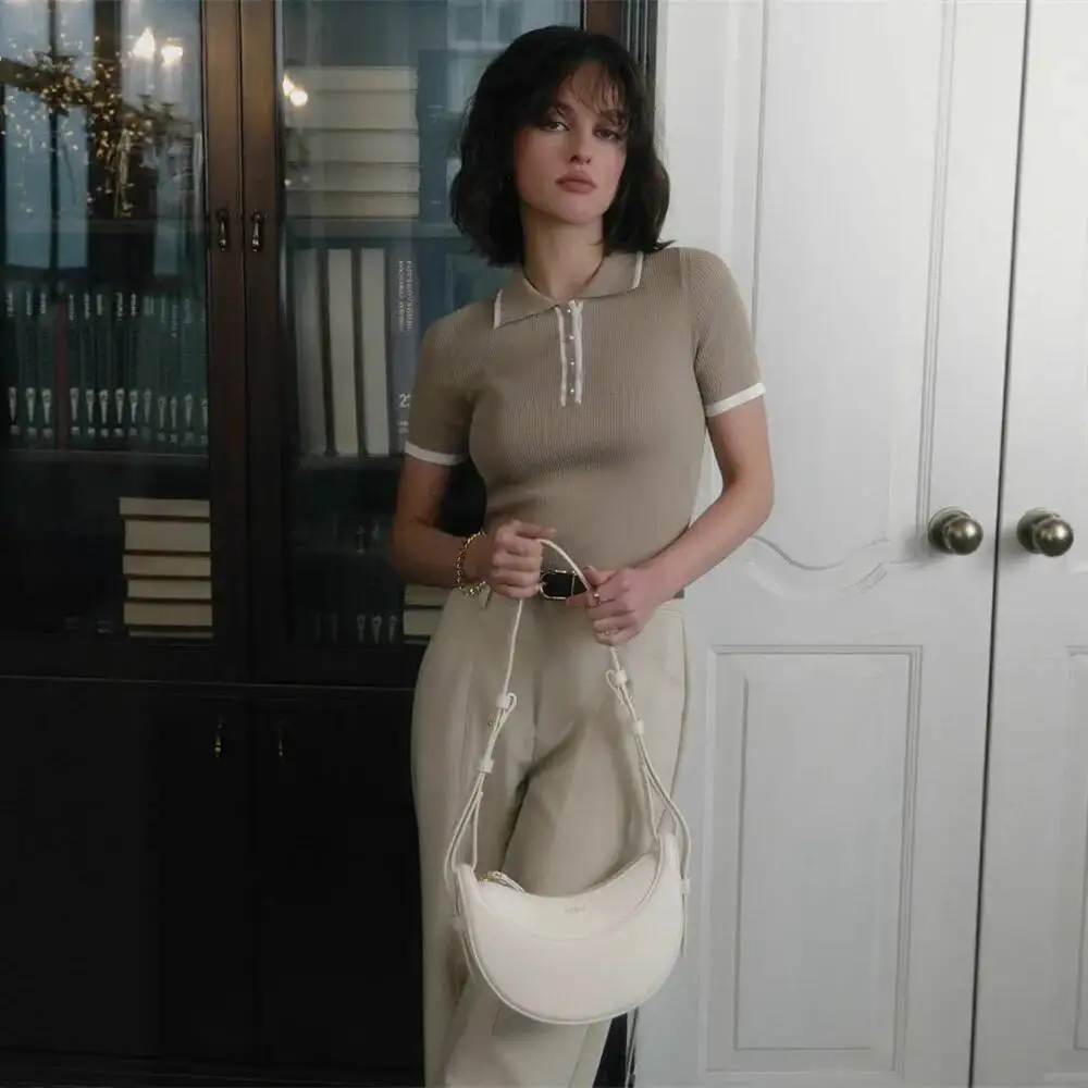 

Women T-shirt 2025 Summer New Slim Fit Knit Shirts Top Women's Short Sleeve Lapel Ribbed Tight Color Block Stylish Shirt