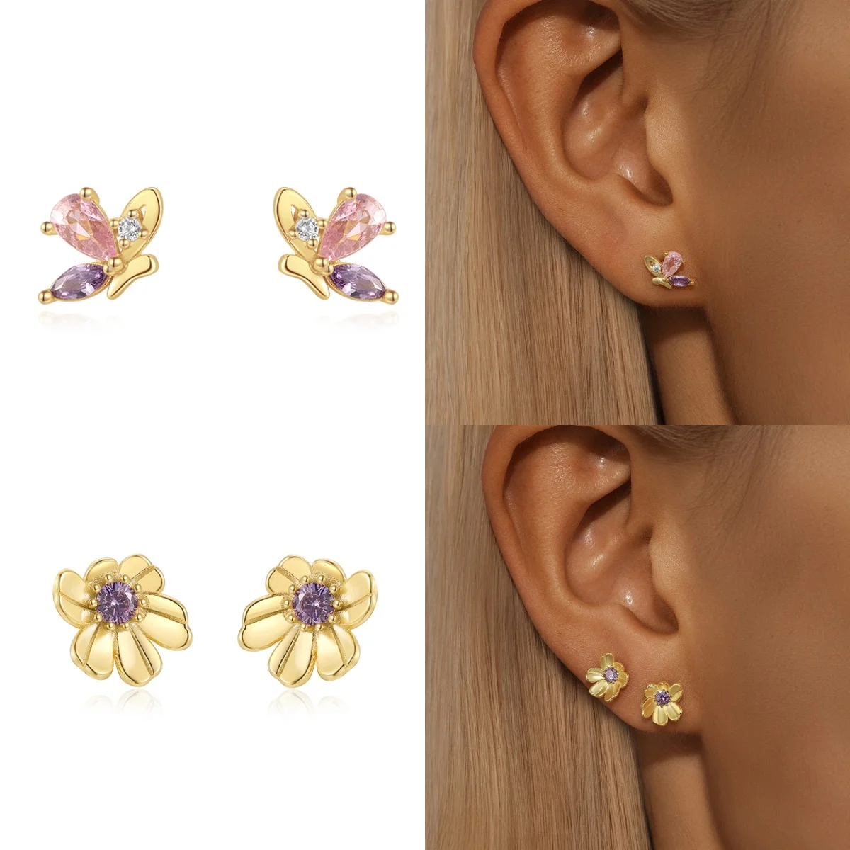 ROXI 925 Sterling Silver Butterfly/Flower Colored Zircon piercing Earrings For Women Pink Purple Zircon Party Jewelry Gifts