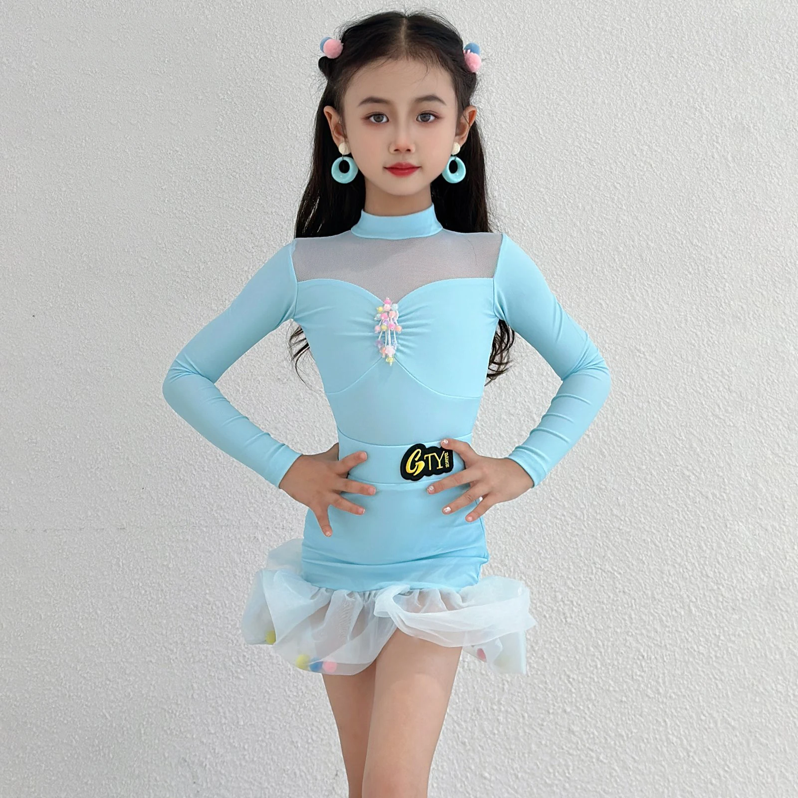 Robe de concours de danse de salon bleue pour enfants, Costume de danse latine à manches longues pour filles, vêtements d'entraînement de danse pour enfants SL13881