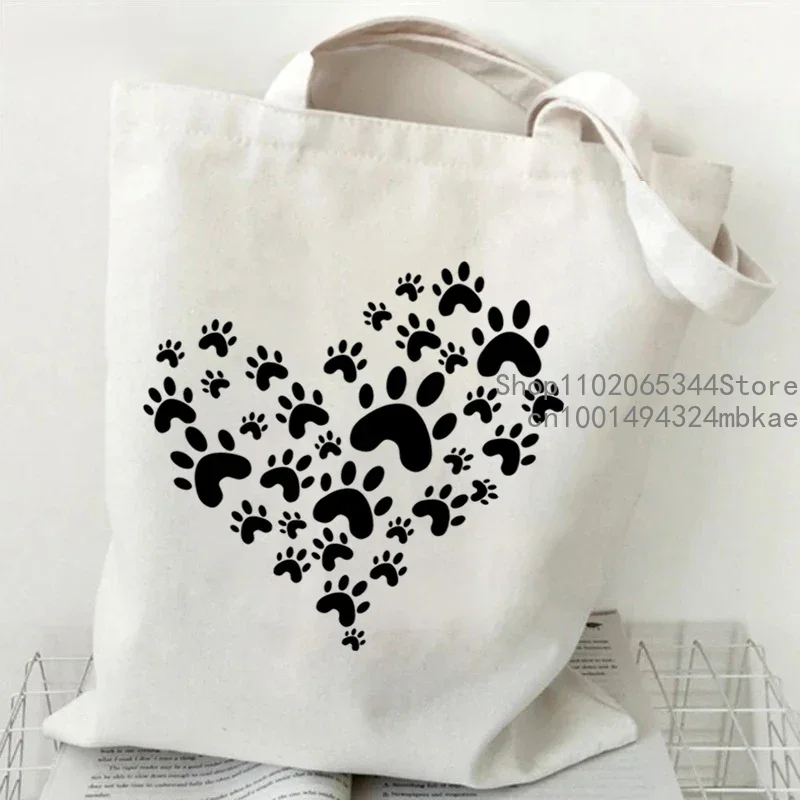 Women Dog Paw Heart Printed Shoulder Bag Cartoon Cute Retro Canvas Tote Bags Men Reusable Shopping Bag Fashion Lady Handbags