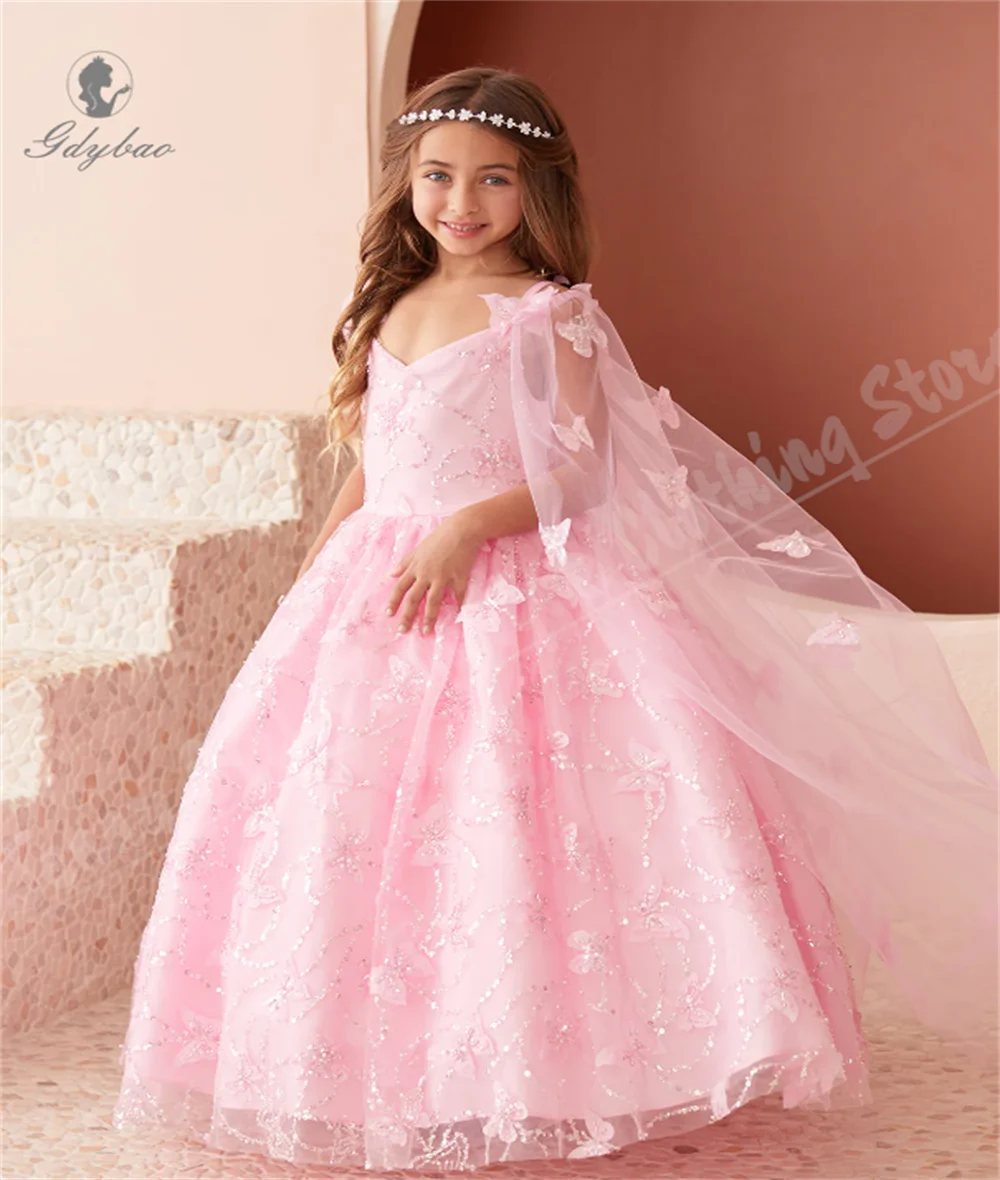 

Розовое платье на бретельках с V-образным вырезом, элегантное платье с цветочным узором для девочек, пышное сетчатое платье принцессы на свадьбу, день рождения