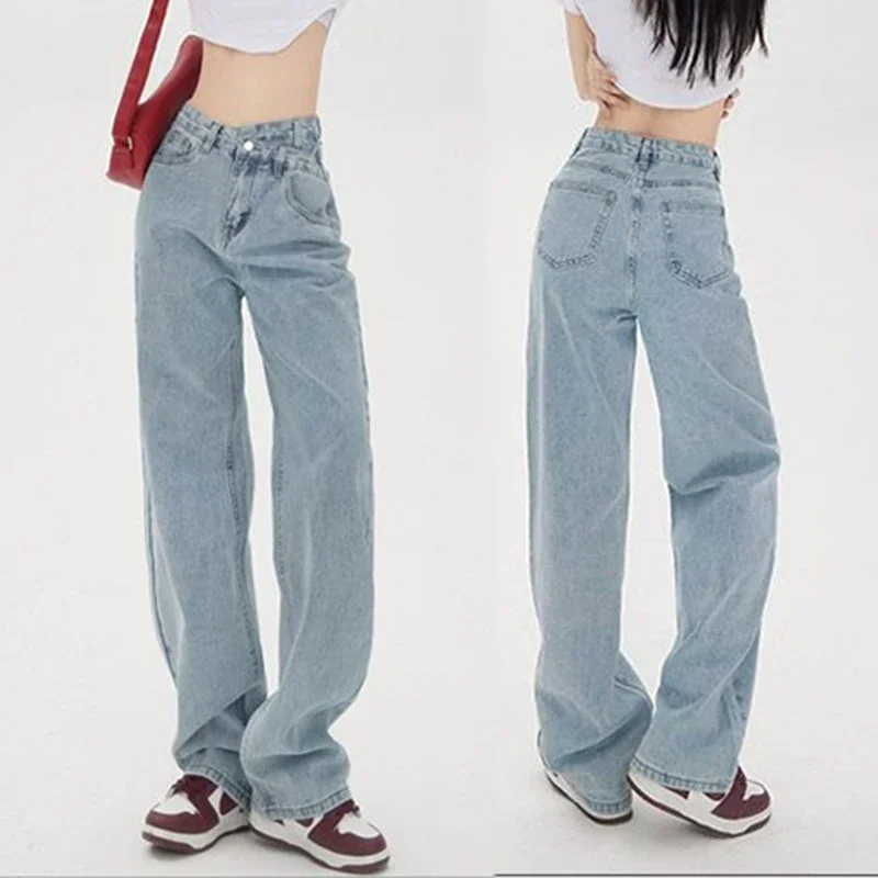 

2025 Woman Ins Fashion Cross High Waist Jeans Girls Streetwear Basic Straight Leg Pants Lady Solid Baggy Wide Leg Denim Trousers
