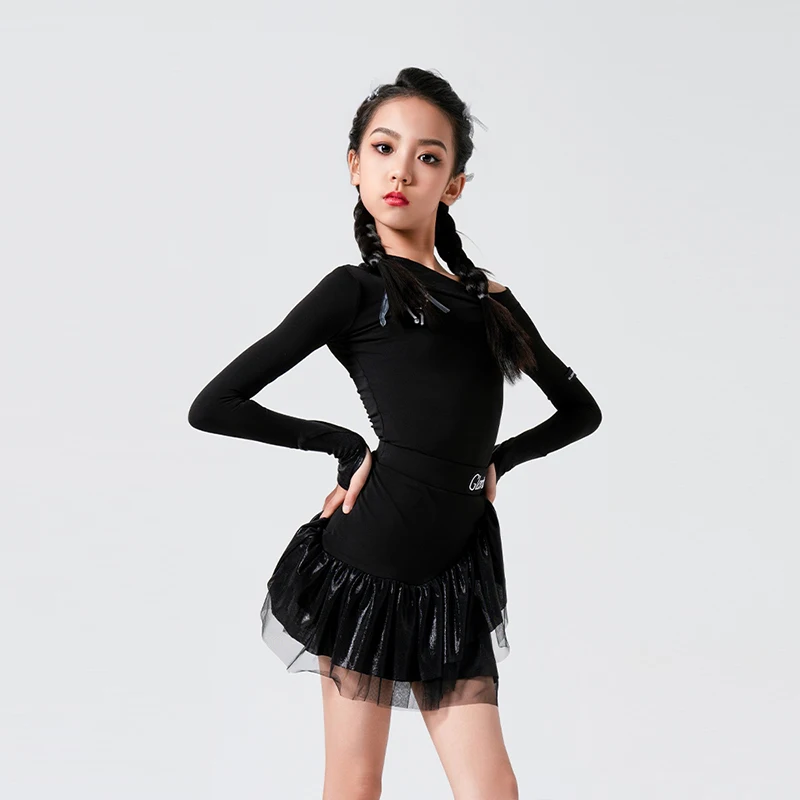 2024 Girl Latin Samba Dance Clothes Children Black Slanted Shoulder 2 Piece Suit Practice Dance Dress Line Dance Clothing XH882