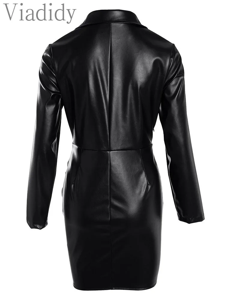 PU Leather Turndown Collar Low Cut Long Sleeve Ruched Bodycon Dress