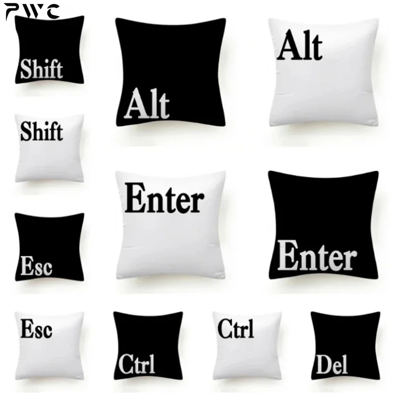 Keyboard Jeanette Alt Del Ctrl Letter Pattern Polyester Cushion Cover Black and White Decorative Pillowcase Home Decor 45X45CM