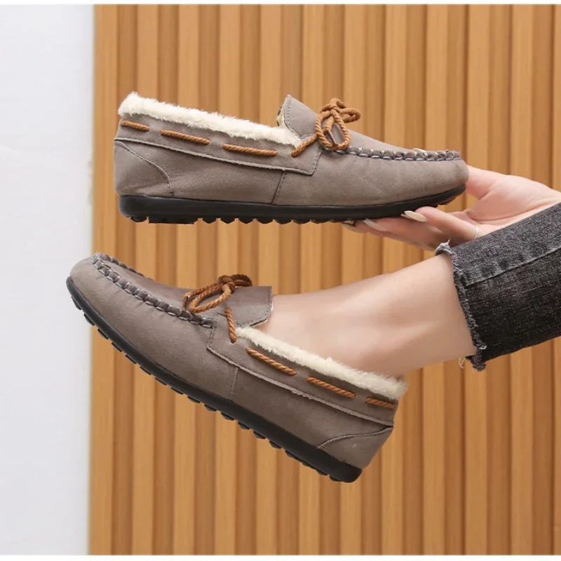 البوب النساء حذاء مسطح الانزلاق على مريحة أنيقة النسيج الجلد المدبوغ الباليه عادية الدافئة جولة تو شتاء 2024 منصة الأحذية