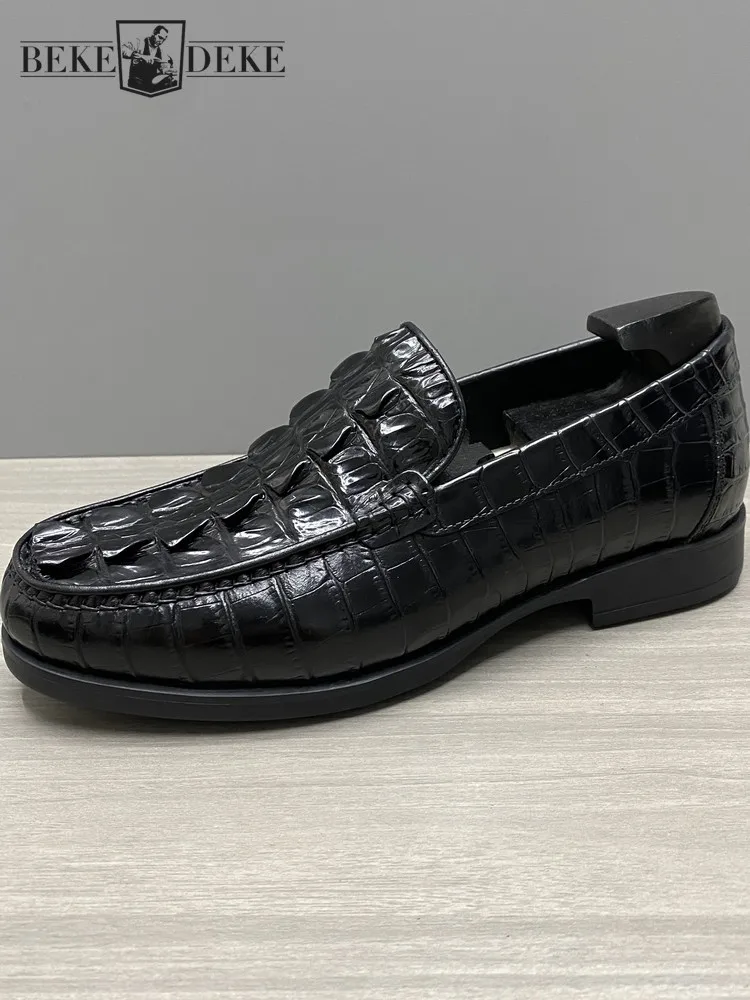 Business Casual Crocodile Skin Round Toe Low-Heel Slip On Men Dress Shoes Fashion Trend Genuine Leather Solid Color Loafer