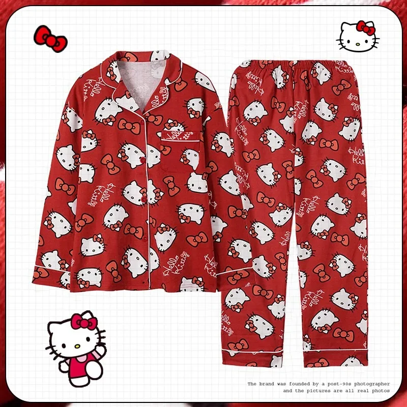 

Sanrio Cute Cartoon Sweet Hello Kitty Pajamas Spring Summer Thin Red Festive Girl's Home Wear Fashion Comfortable Soft Set