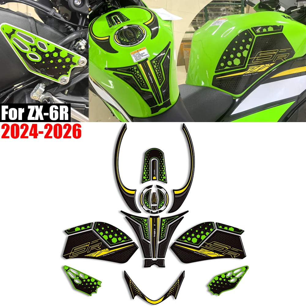 

For ZX-6R ZX6R Motorcycle Tank Pad TankPad Cap Grips Gas Fuel Knee 3D Stickers moto Decals Protection ZX6R 2024 2025 2026
