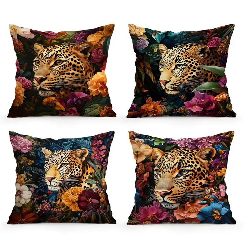 Home Decor Leopard & Floral Patterned Throw Pillow Covers Pattern Cushion Cover Suitable for Sofa Bedroom Car Pillow Cover
