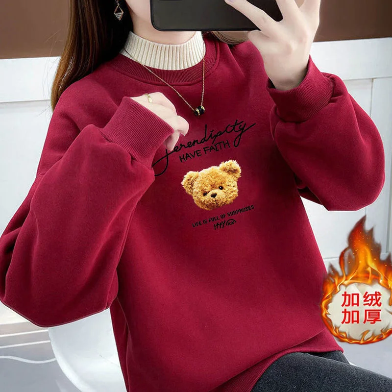 

ZOUXO Sweatshirt Women 2024 Spring Autumn Fleece Thickened O-neck Sweatshirt New Fashion Loose Clothes