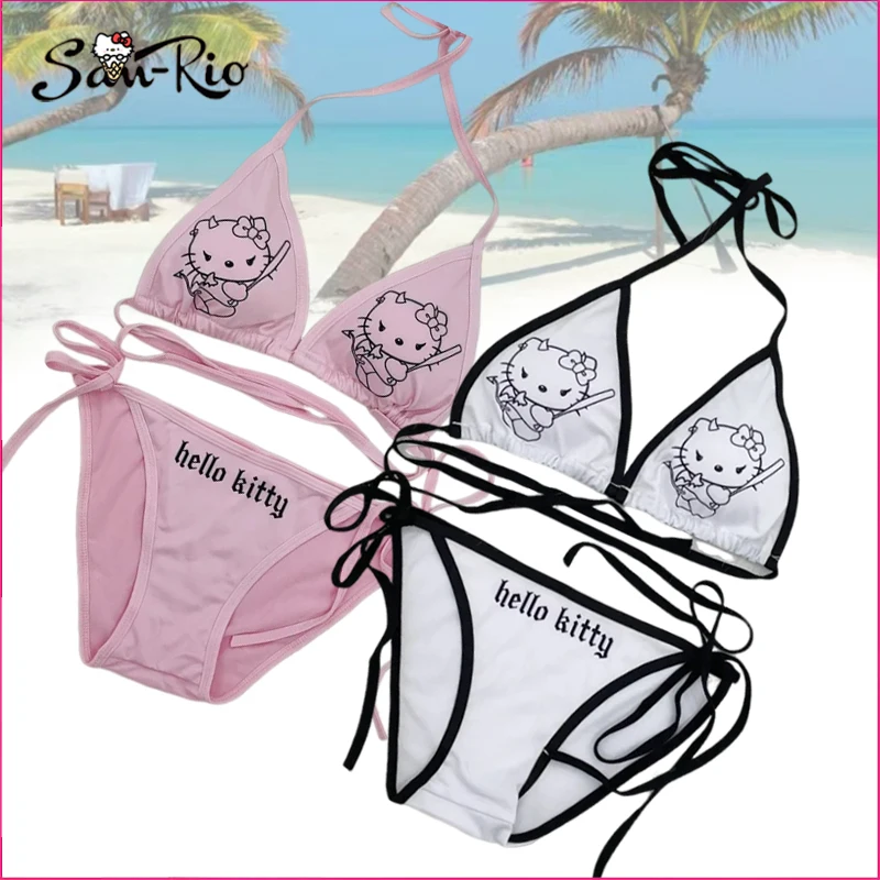 Conjunto de biquíni Hello Kitty para mulheres, maiô Sanrio, calcinha de praia, moda praia sexy, biquínis de verão, roupas Y2K, 2 peças, 2024