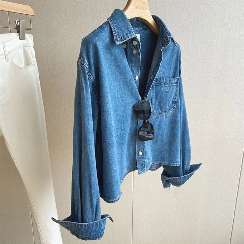 Frauen Denim Hemd Kurze Top Gewaschen Einreiher Drehen Unten Kragen Taschen Streetwear Weibliche 2025, Herbst Vintage Oberhemd
