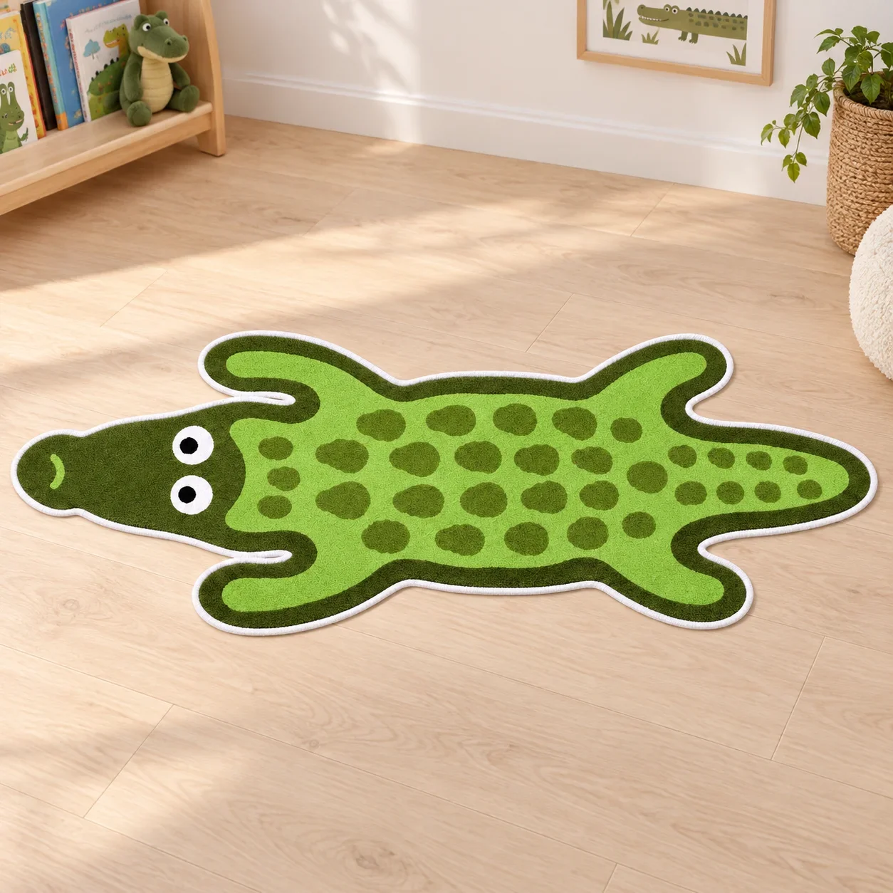 Funny Green Crocodile Shaped Area Rug, Pet Mat Cartoon Animal Floor Mat for Entryway Living Room and Jungle Home Decor