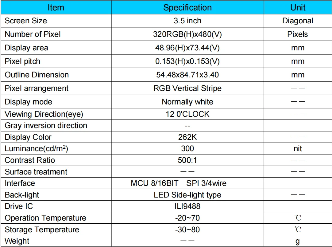 3.5 inch TFT capacitive touch screen 40Pin MCU 8/16BIT SPI 3/4wire serial port ILI9488 driver screen