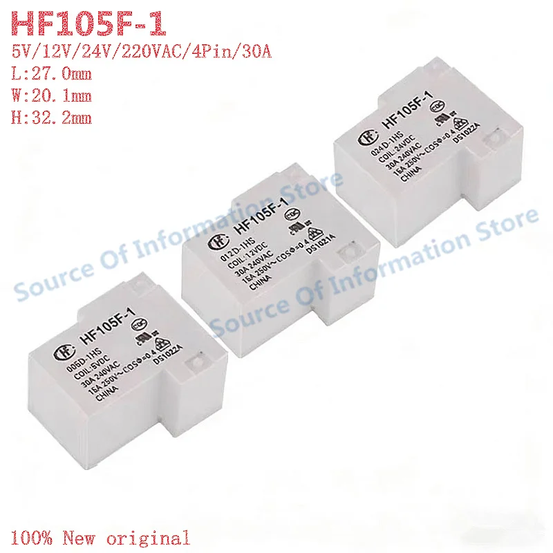 

5Pcs HF105F-1-005D/012D/024D/220A-1HST Power Relay 5V 12V 24V 220VAC 30A 4Pin JQX-105F 100% New