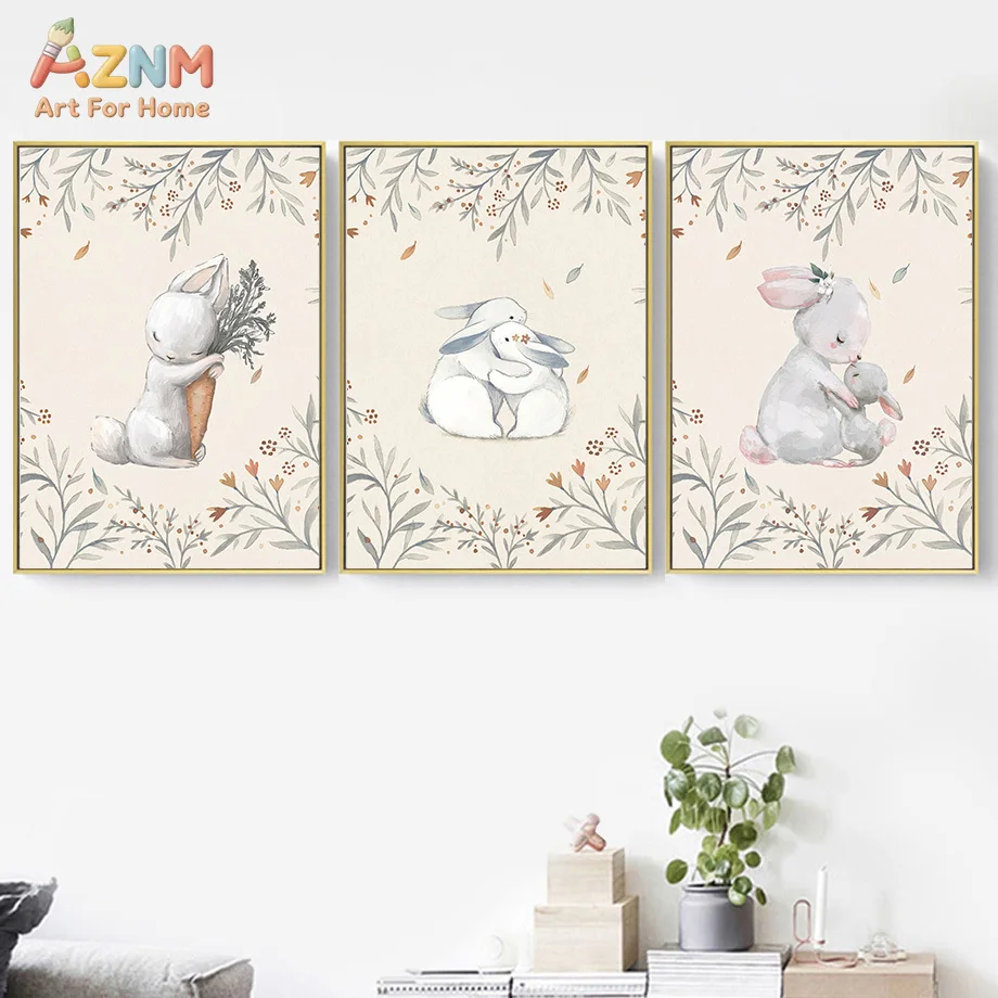 AZNM Frameless Canvas Poster Watercolor Cute Bunny Carrot Floral Border Print, Gentle Rabbit Animal Wall Art Picture for Baby Nu