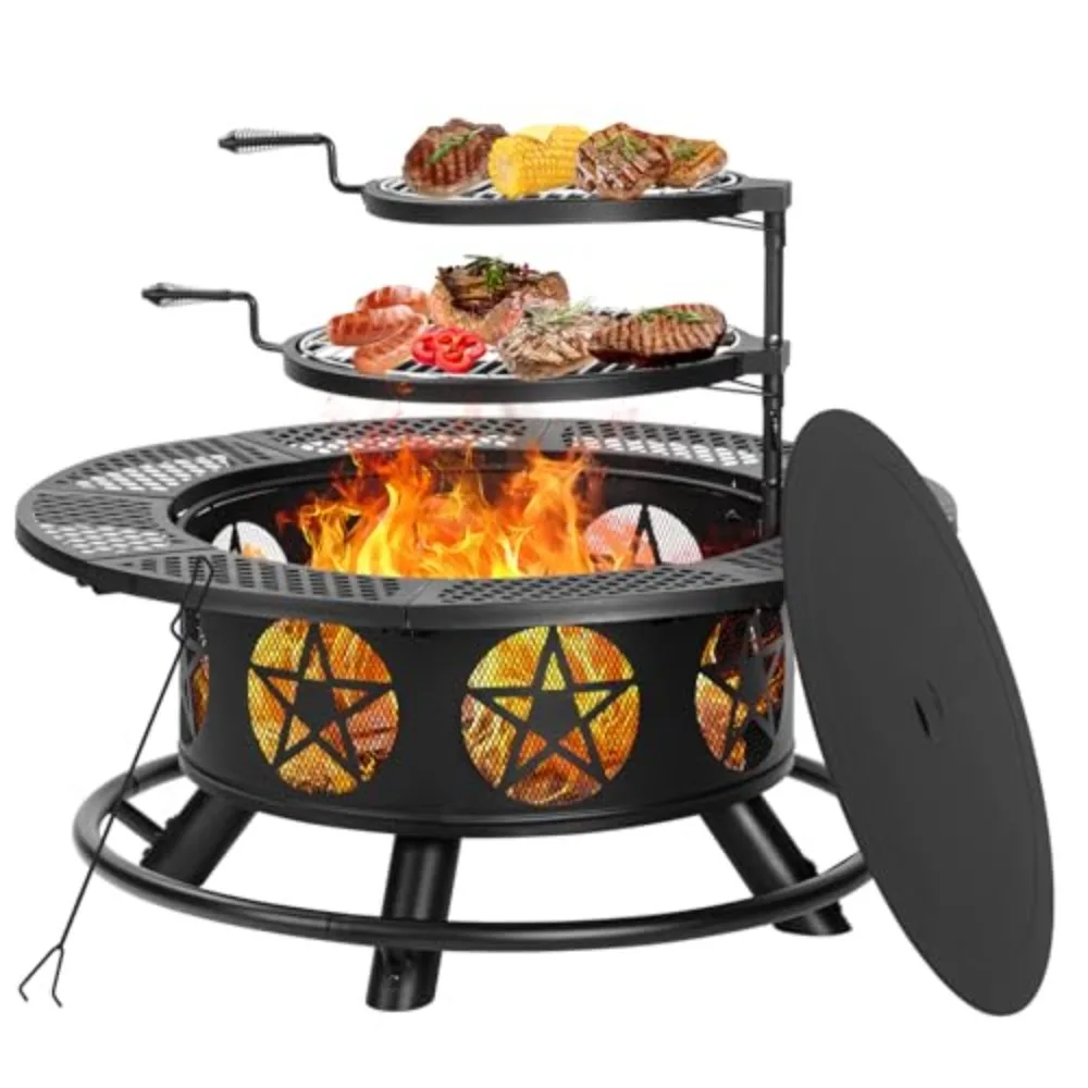 42 Inch Outdoor Fire Pits with 2 Grills, Lid & Poker | Large Wood Burning Fire Pit for Outside, Heavy Duty Firepit,BBQ&