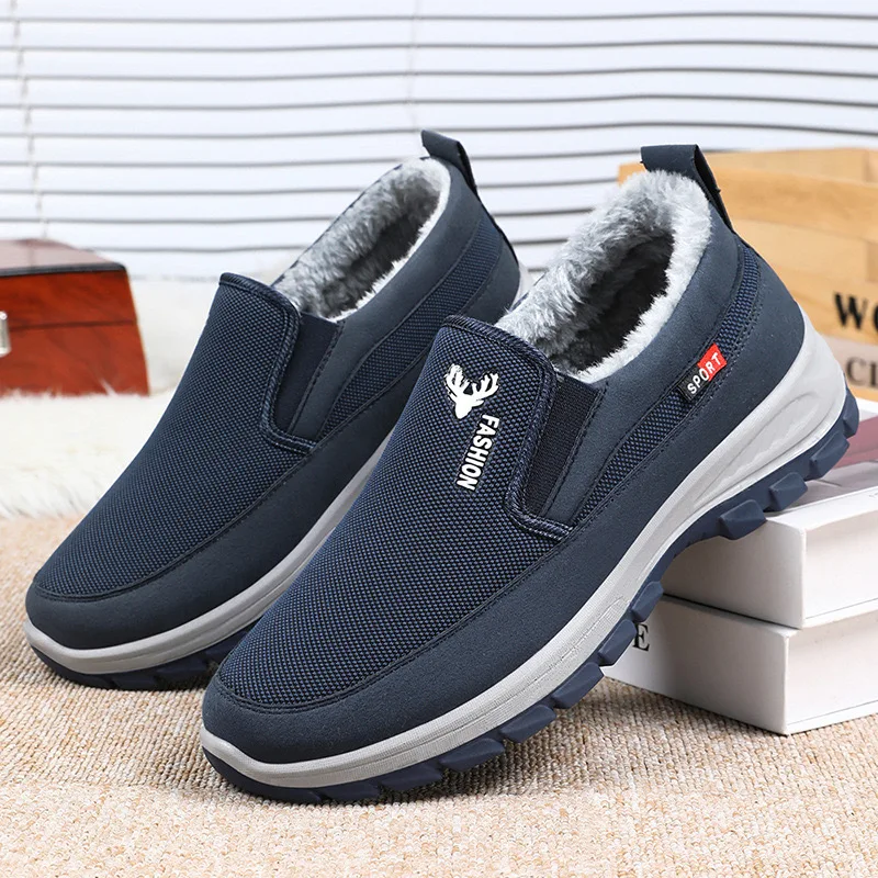 Men Tennis Shoes Warm Breathable Soft Bottom Non -Slip Casual Shoes Plus Velvet Comfort Slip-On Walking Winter Vulcanized Shoes