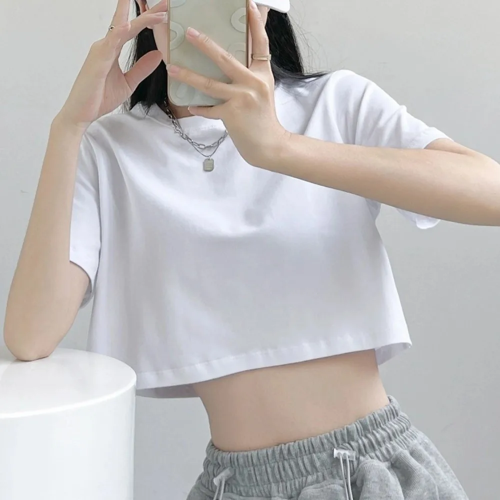 

Ins Fashion U Neck Ultra Short T-Shirt Streetwear Solid Color Korean Short Tops Basic T-shirt Tanks Black White Crop Top Sports