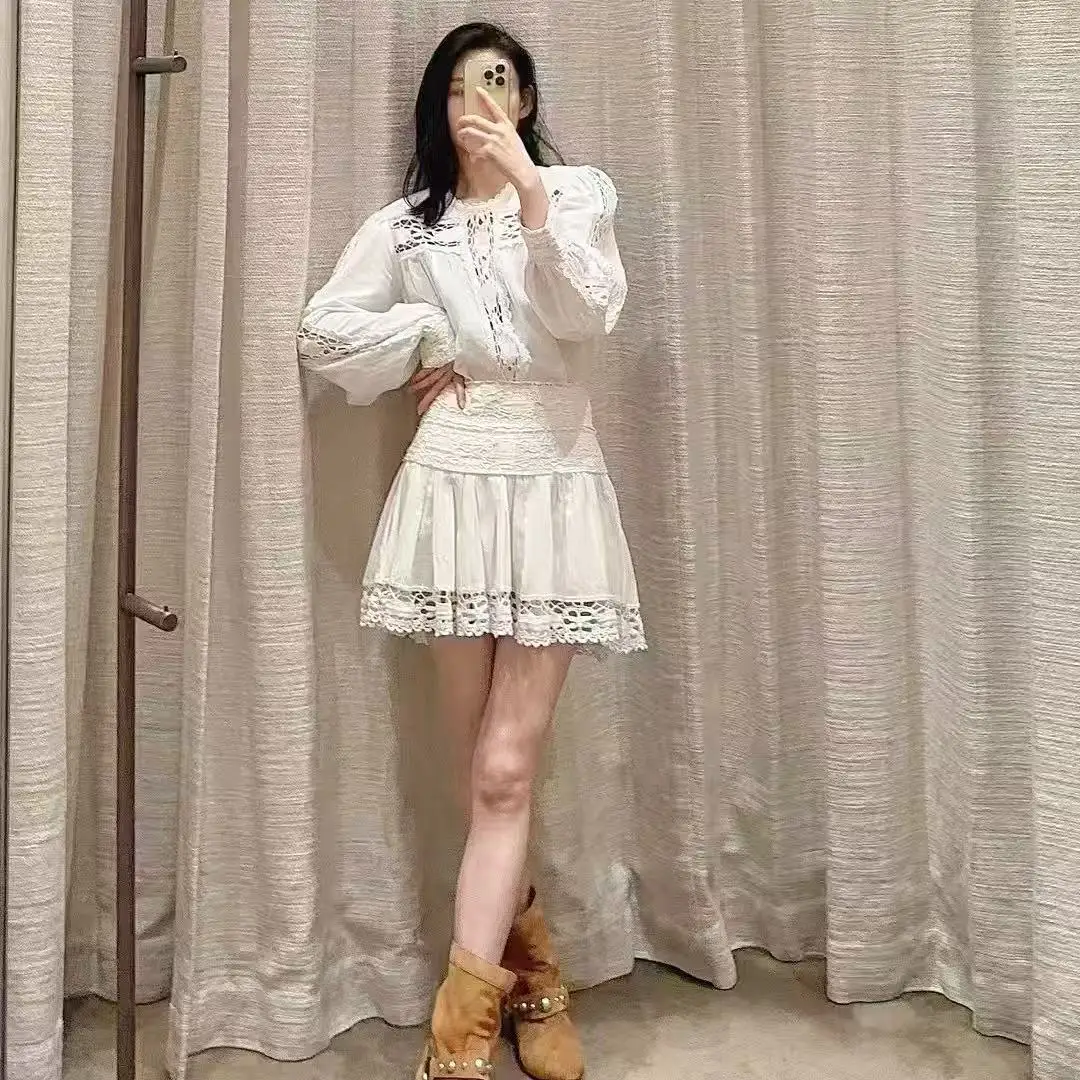 

Isa Fairy Series Embroidered Hollow out Shirt Short Skirt Set Women's Loose Fit Linen Long Sleeve round Neck Cool Sensation S...