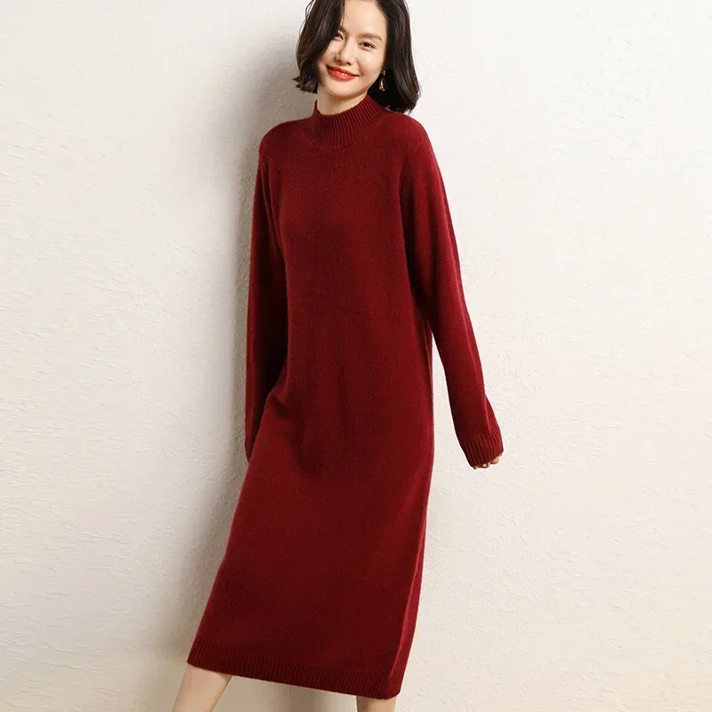 2023 High-end Winter New 100% Cashmere Sweater Long Dress Women Casual Thicken Dresses Female Loose Large Size Knitted Pullover