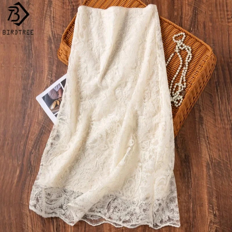 Birdtree, Silk Lining Straight Skirt, Women's Three Layer Elegant Skirts, Sequin Embroidery, 2026 Spring New D63224JF