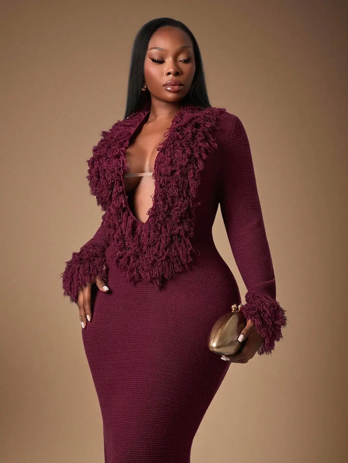 

Wine Red Knit Maxi Dress with Fringe Trim, Deep V-Neck, Long Sleeve, Bodycon Fit