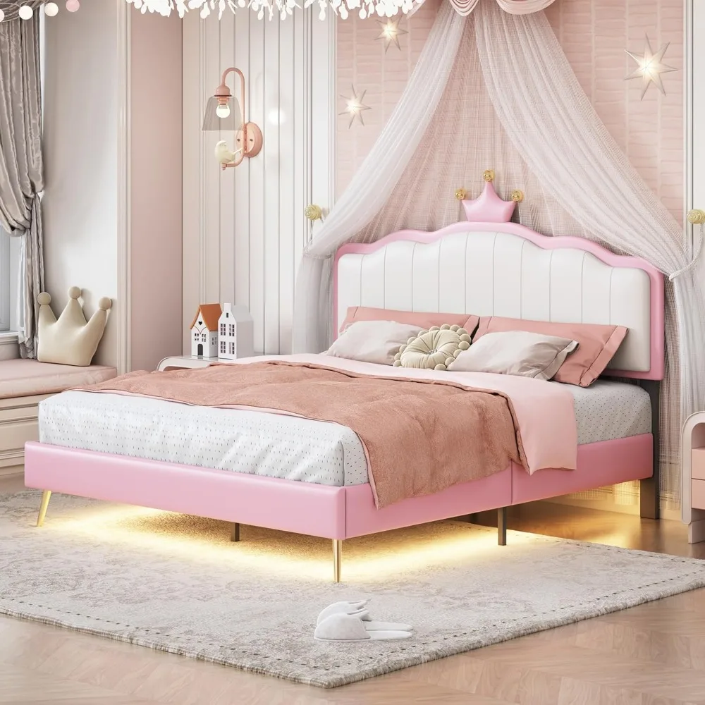 Full Size Princess Bed with Light Strips,Upholstered Platform Bedframe W/Crown Headboard & Footboard,Golden Metal Legs,No Box