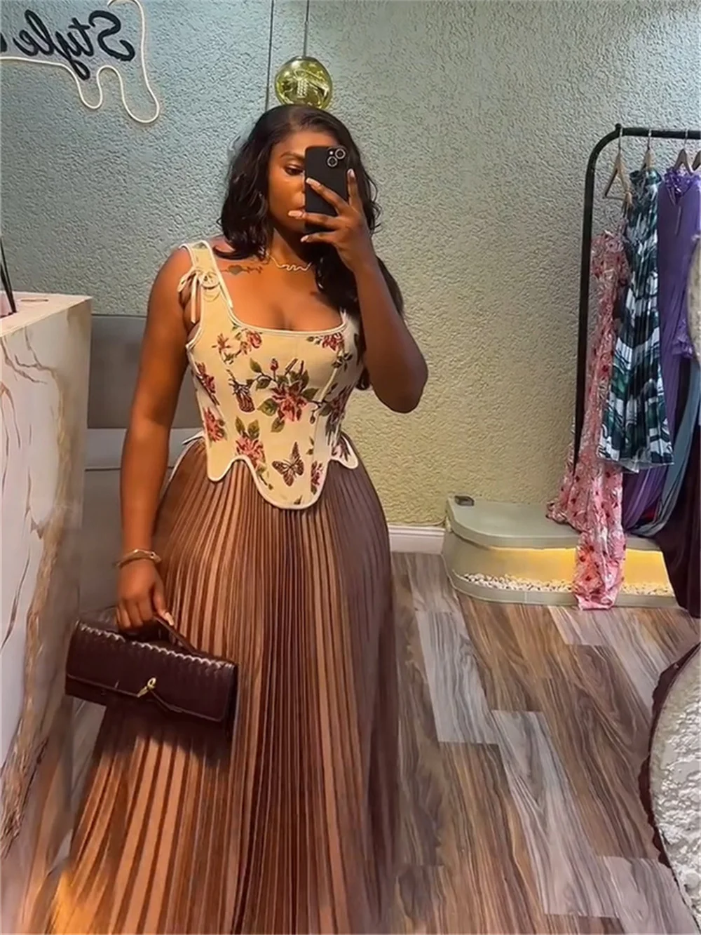 

Macheda Sexy Fashion 2Piece Set Women Shirring Floral Fishbone Irregular Hem Crop Tops+Ruched Skirts Evening Party Elegant Set