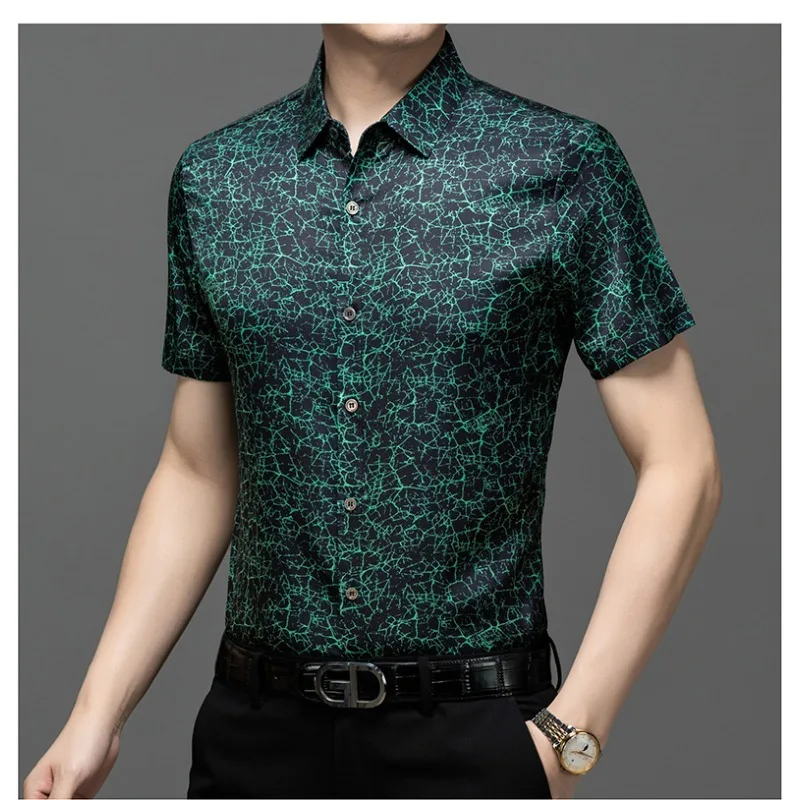 Imitated Xiangyunsha Mulberry Silk Ice Crack Print Short Sleeve Shirt Casual Loose Top For Men Women Daily Wear