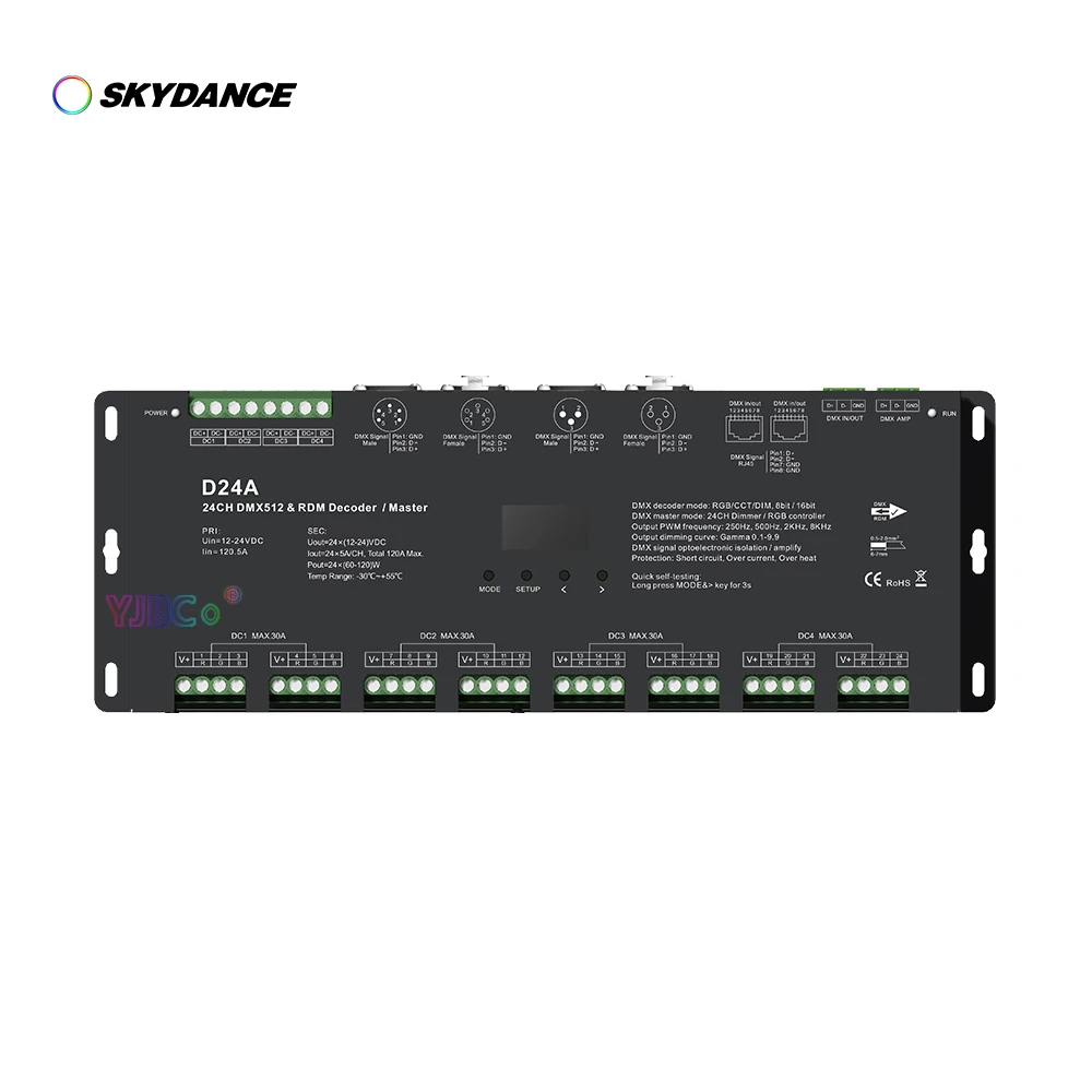 

Skydance OLED display 24 Channels CV DMX512 Decoder 12V-24V 24CH 4-PWM RDM DMX Master RGB LED Strip tape Controller 8 bit/16bit