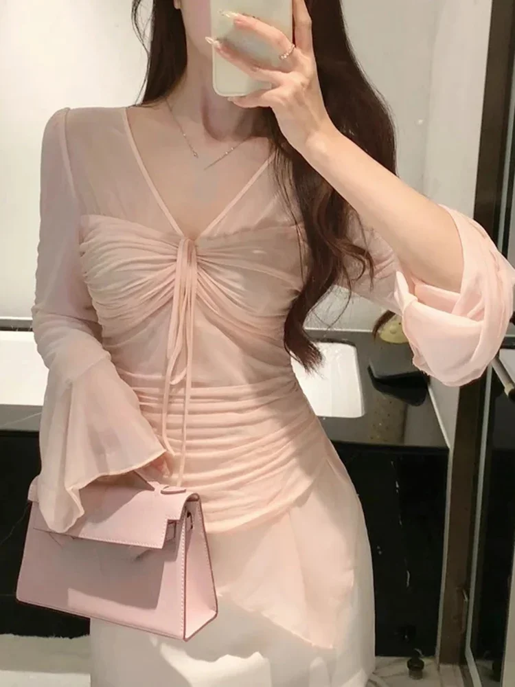 Elegant Chic V-Neck Chiffon Lace Thin Blouse Women Casual Office Lady Beach Style Shirts Outwear Tops Korean Fashion Summer