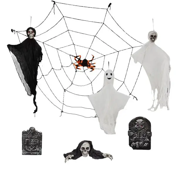 Set di decorazioni per Halloween da esterno da 8 pezzi con occhi luminosi a LED - Include 3 fantasmi oscillanti, 2 lapidi, scheletro strisciante,