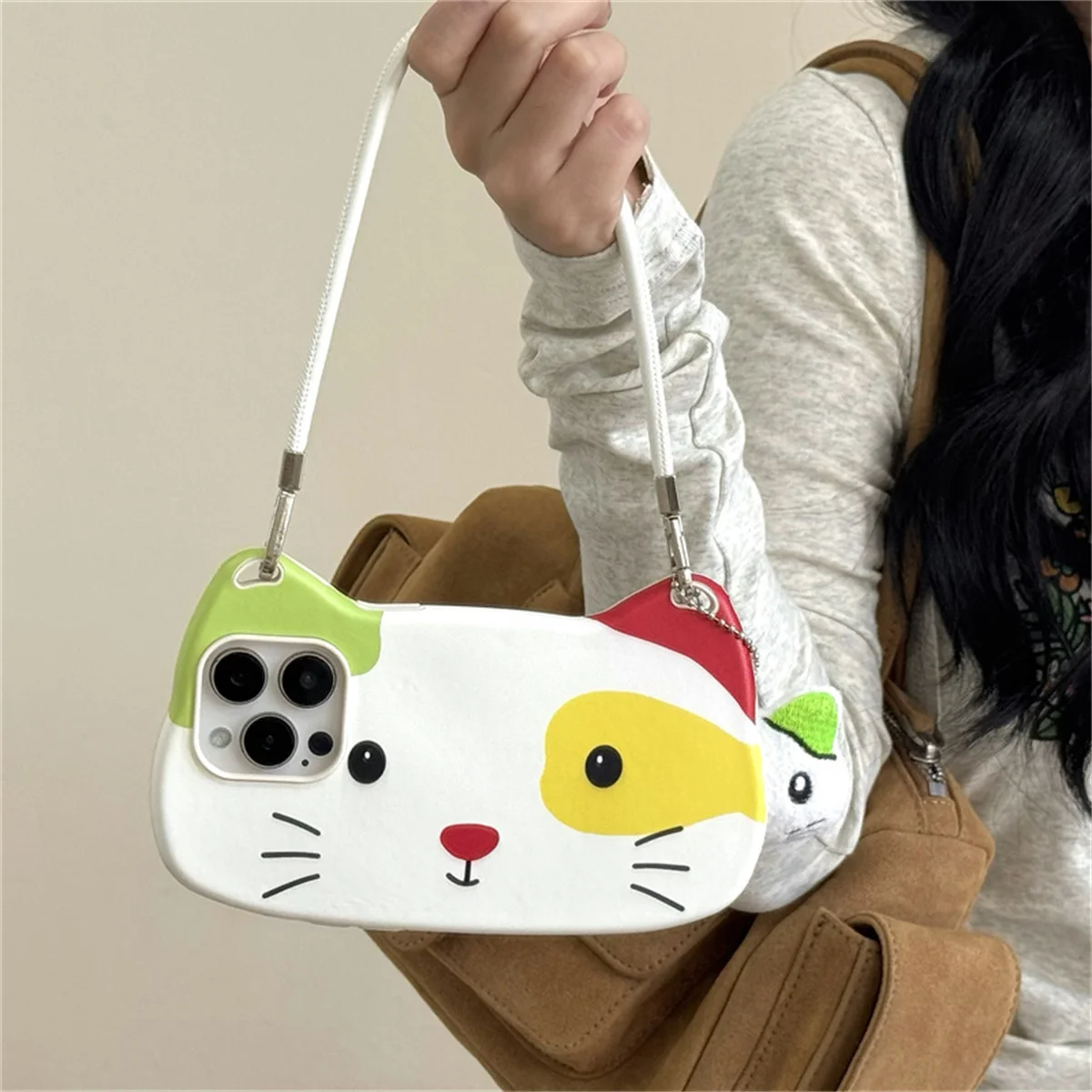 

Funny Cute Cartoon Cat Phone Case For iPhone 17 Pro 16 15 14 Pro Max Cover with Hand Rope Soft Silicone Shockproof Cases Funda