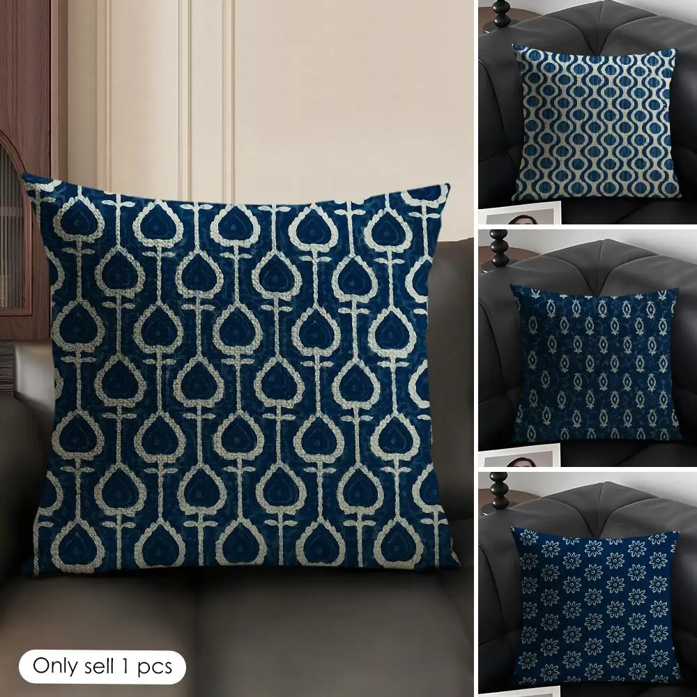 Indigo Batik Seamless Cushion Cover Natural Linen Organic Fabric Double-Sided Printing Breathable Perfect Gift For Decor