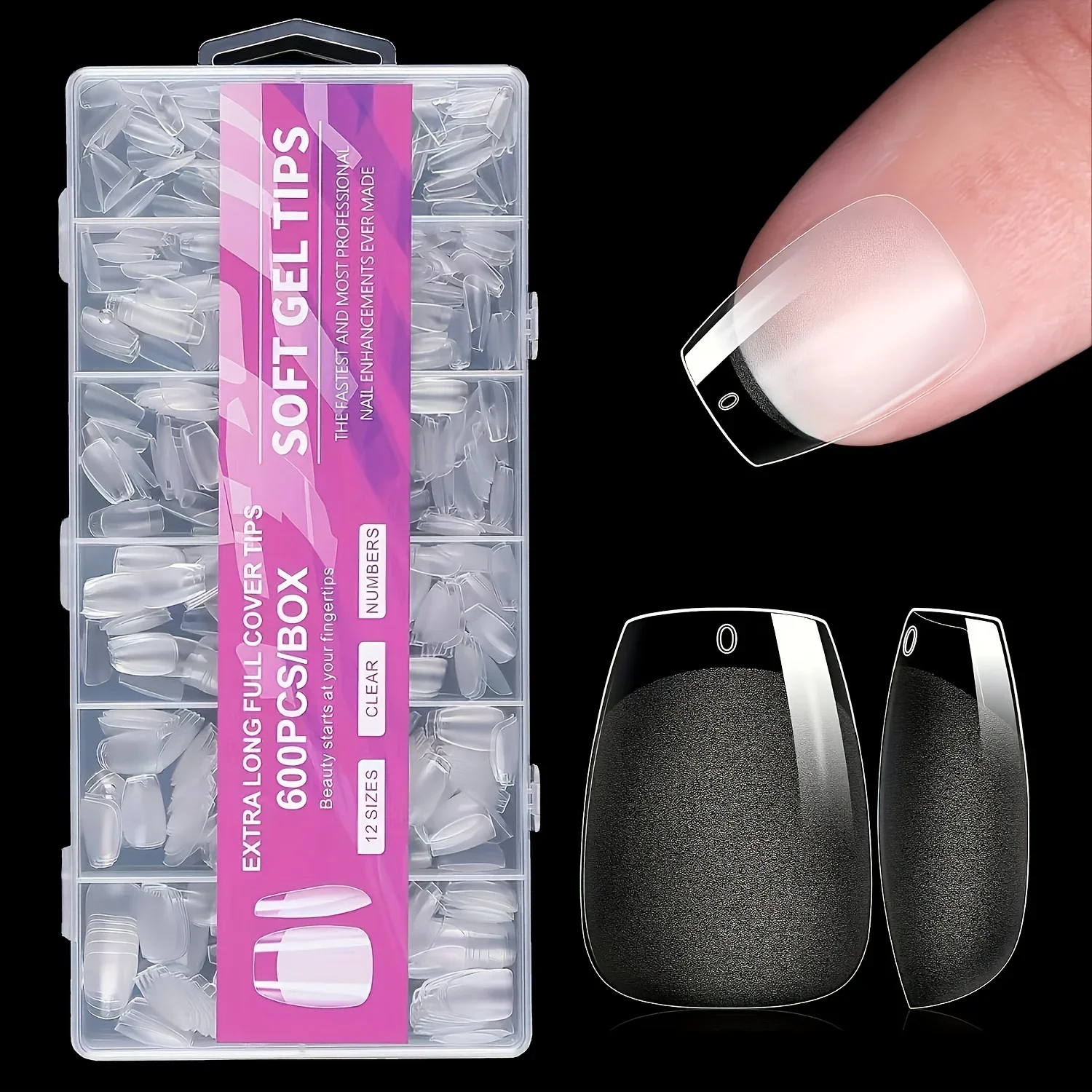 600PCS Short Coffin Nail Tips Half Matte False Tips Full Cover Soft Gel Coffin Shaped  Acrylic Nail Tips Clear