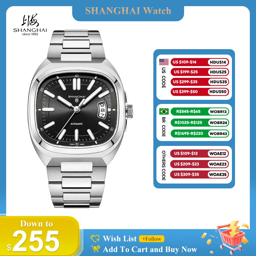 SHANGHAI Watch Vintage Square Automatic Men's Watches 39mm Date Mechanical Wristwatch 316L Stainless Steel Reloj Elegant SH018