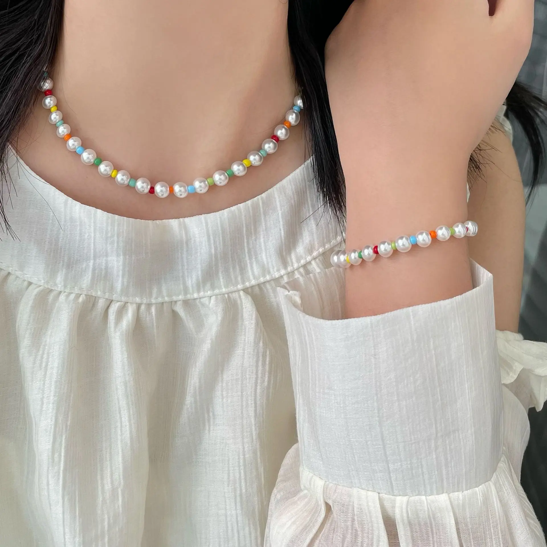 

Summer Fresh Style Ins Young Women's S925 Sterling Silver Dopamine Colorful Bead Pearl Bracelet Necklace